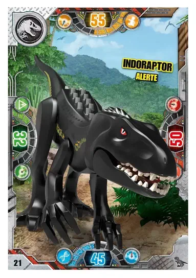 Carte LEGO Jurassic World numéro 21 représentant un Indoraptor noir avec des yeux rouges sur fond de jungle.