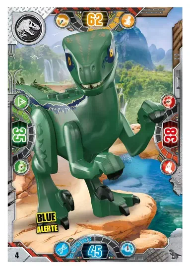 Carte de collection LEGO Jurassic World montrant un dinosaure vert avec des détails bleus posé sur un rocher près d'une eau turquoise.