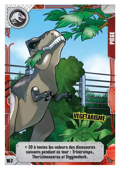 Carte de collection LEGO Jurassic World Végétarisme montrant une dinosaure mangeant des feuilles dans un enclos avec du grillage.