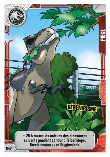 Carte de collection LEGO Jurassic World Végétarisme montrant une dinosaure mangeant des feuilles dans un enclos avec du grillage.