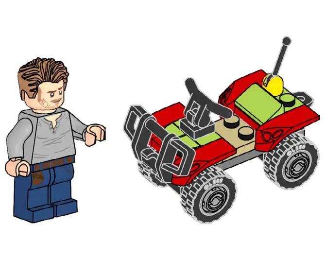 Minifigurine Owen avec un quad rouge et vert dans le jeu LEGO Jurassic World.