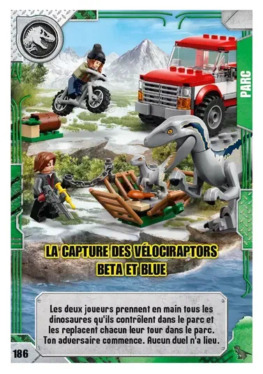 Une illustration LEGO Jurassic World montrant la capture de deux dinosaures gris par des personnages armés près d'un véhicule rouge avec le titre « La capture des Vélociraptors Beta et Blue ».