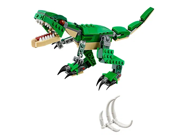 Dinosaure vert en briques LEGO avec une gueule ouverte et des griffes noires, deux pattes blanches séparées sont visibles au bas de l'image.