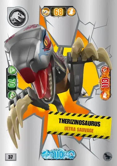 Carte LEGO Jurassic World n°037 représentant un Therizinosaurus ultra sauvage tenant deux griffes.