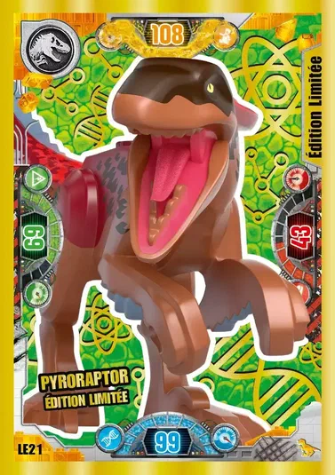 Carte de collection LEGO Jurassic World présentant un dinosaure Pyroraptor marron avec l'inscription Édition Limitée et le code LE21.