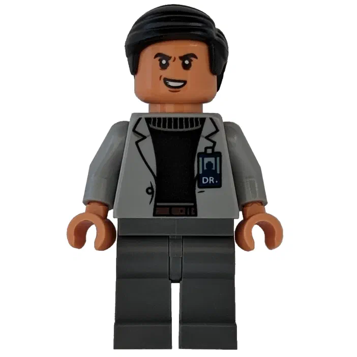 Minifigurine LEGO du docteur Henry Wu portant une blouse grise et affichant un sourire inquiet.