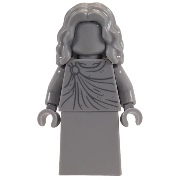 Figurine LEGO grise représentant un personnage féminin aux cheveux longs bouclés portant une robe ornée de gravures sur le torse.