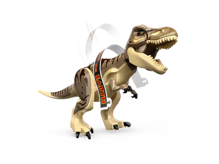 Un dinosaure T-Rex en briques LEGO portant une ceinture noire avec l’inscription Ruler of the Earth.
