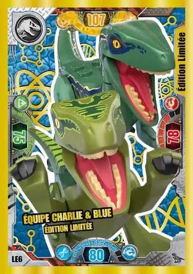 Carte LEGO Jurassic World LE6 montrant deux dinosaures raptors verts sur fond bleu scientifique.