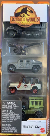 Boîte de jouets Matchbox Jurassic World Dominion Terra Travel Squad HMH28 contenant cinq véhicules et un dinosaure dans l'emballage plastique.