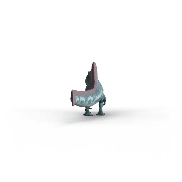 Modèle jouant un dinosaure Spinosaurus vu par l'arrière dans une posture debout sur deux pattes arrière, présentant des motifs bleus et une grande crête dorsale rose.