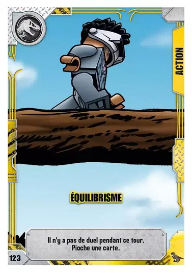 Carte de jeu LEGO Jurassic World n°123 'Équilibrisme' montrant une figurine en armure grise équilibrée sur une branche, avec le texte d'action : Il n'y a pas de duel pendant ce tour.