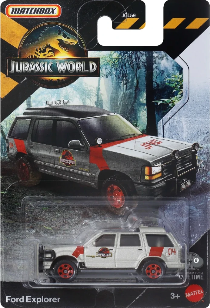 Voiture de collection Ford Explorer blanche avec des détails rouges dans un emballage blister portant les logos Matchbox et Jurassic World.