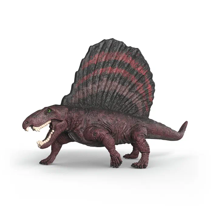 Jouet d'un dinosaure Dimetrodon avec une grande crête dorsale noire et rouge sur fond blanc.