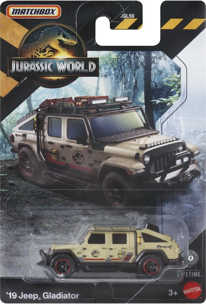 Carte de collection Matchbox présentant un modèle miniature d'un '19 Jeep Gladiator beige avec des détails rouges et le logo Jurassic World sur son emballage.
