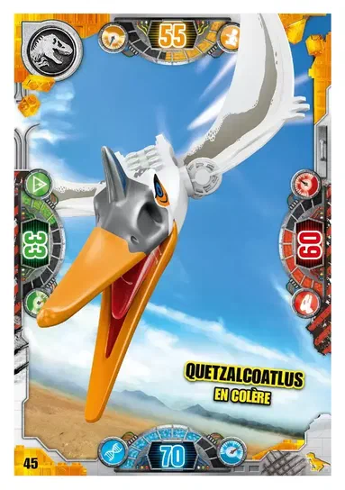 Carte LEGO Jurassic World représentant un Quetzalcoatlus blanc avec des ailes déployées sur fond bleu ciel, intitulé 'Quetzalcoatlus en colère'.