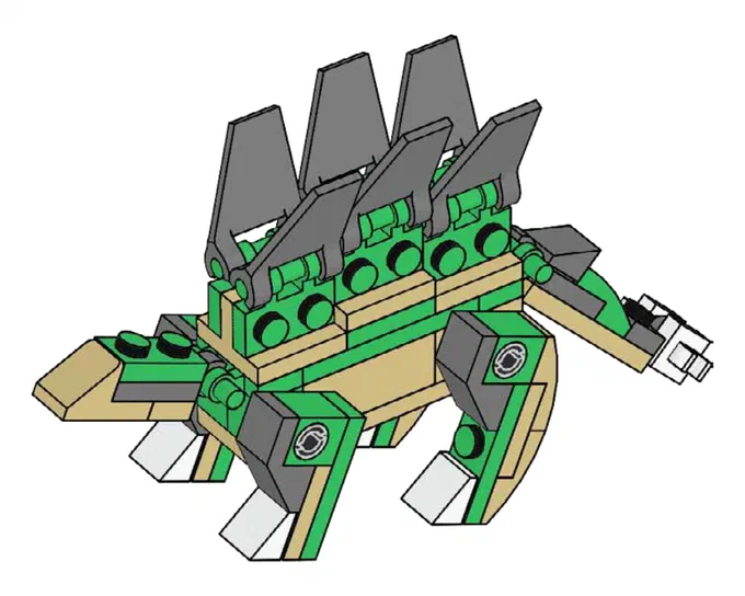 Modèle de dinosaure Stegosaurus en briques LEGO vertes et beige avec une rangée d'épines grises sur le dos