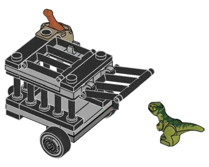Un véhicule de transport en briques LEGO gris et noir avec des roues noires, sur lequel se trouve une petite dinosaure verte.