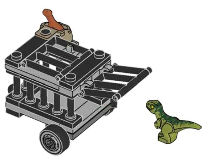 Un véhicule de transport en briques LEGO gris et noir avec des roues noires, sur lequel se trouve une petite dinosaure verte.