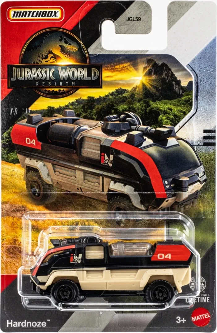 Véhicule de jouet Matchbox Hardnoze dans son emballage Jurassic World Rebirth