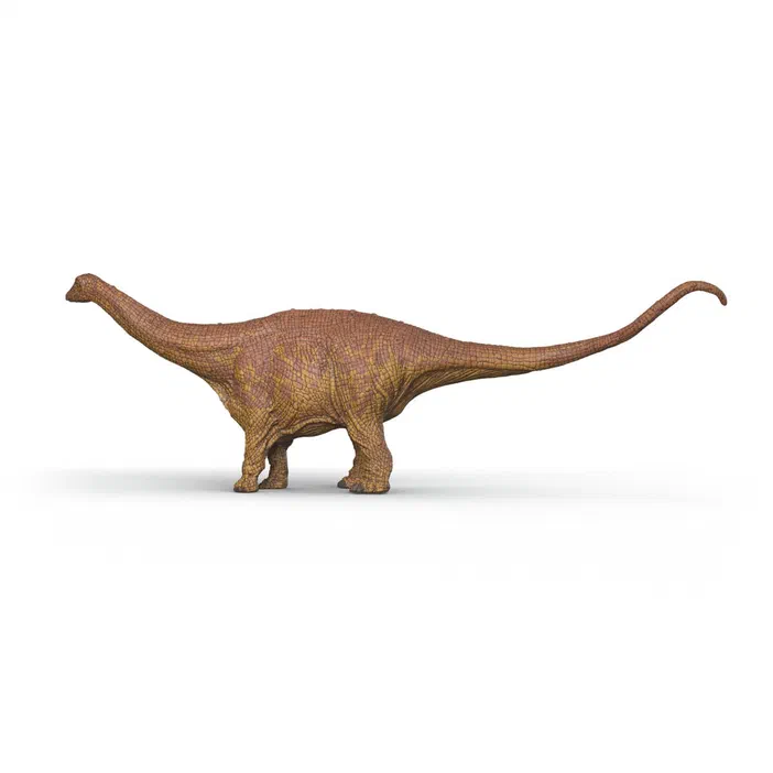 Jouet de dinosaure Brontosaurus vu de profil gauche avec un corps brun et orange à texture écailleuse sur fond blanc.
