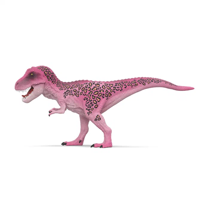 Figurine de dinosaure T-Rex en plastique rose ornée de motifs léopard noirs et jaunes.