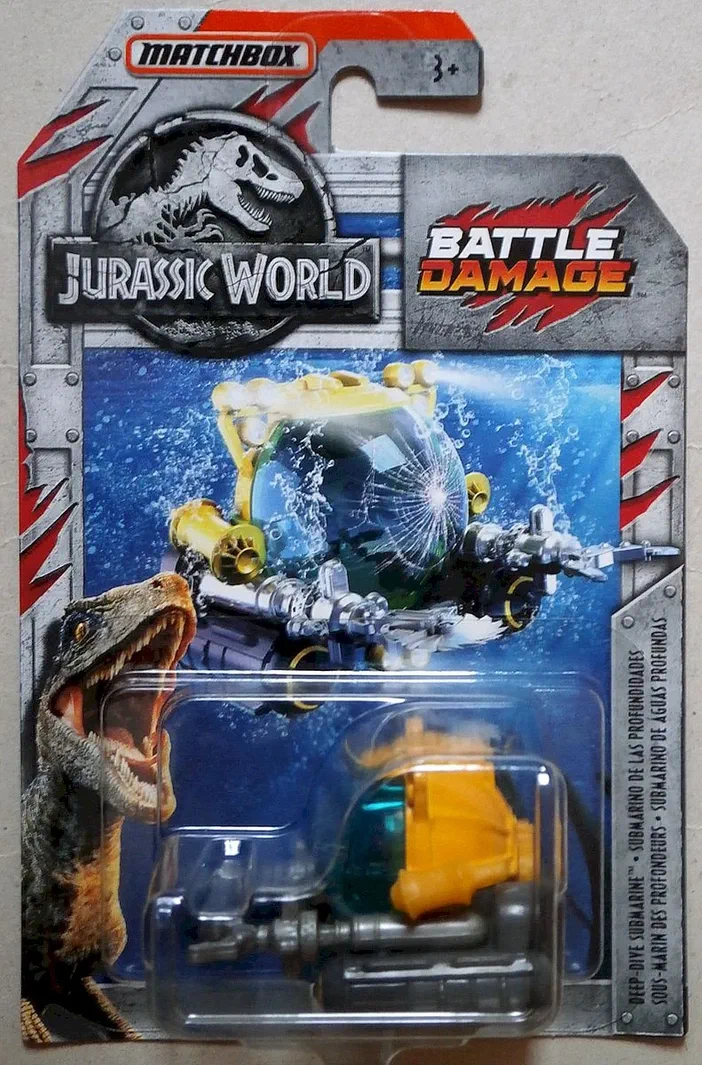 Jouet Matchbox Deep-Dive Submarine de la collection Jurassic World Battle Damage en emballage.