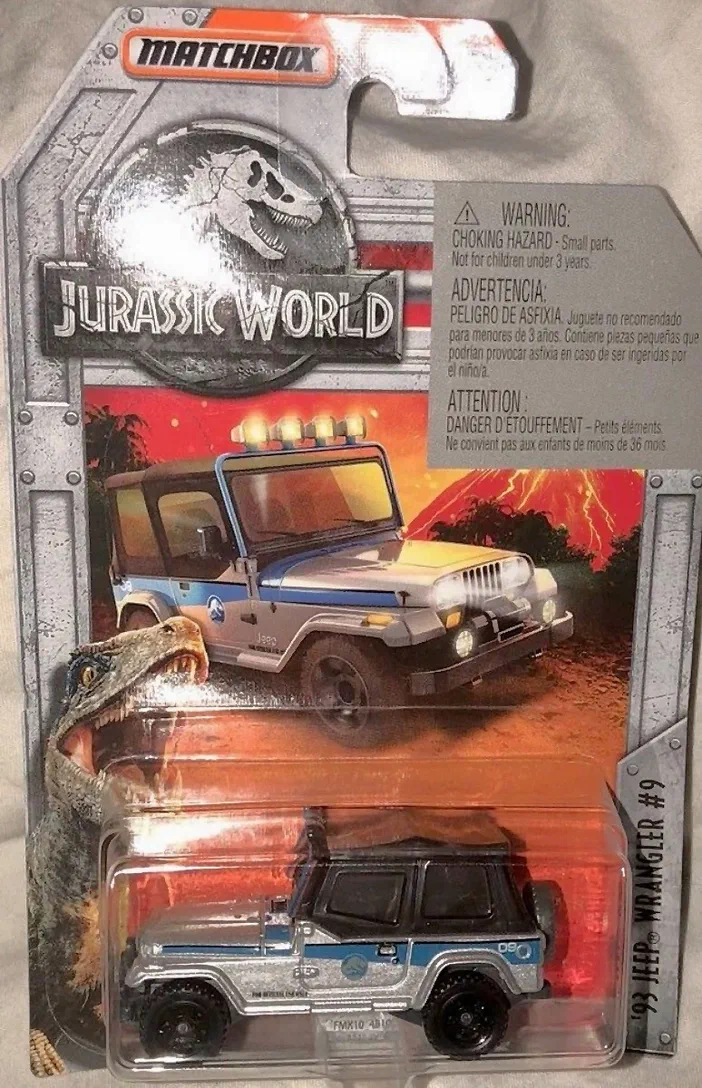 Voiture de collection Matchbox '93 Jeep Wrangler #9 dans son emballage thématique Jurassic World.
