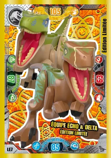 Carte de collection LEGO Jurassic World montrant l'équipe Echo & Delta (T-Rex vert et Allosaurus marron) en édition limitée.