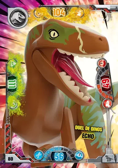 Carte de collection LEGO Jurassic World montrant un dinosaure T-Rex en version jouet avec des éléments graphiques et statistiques.
