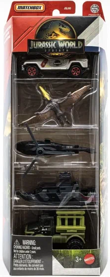 Emballage Matchbox Jurassic World Rebirth JGL26 contenant 5 véhicules : Jeep Wrangler, Pteranodon, hélicoptère InGen, bateau Mission Team Patrol Craft et Unimog U1300