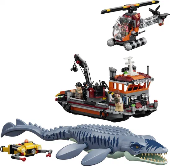 Ensemble de pièces LEGO Jurassic World 77983 montrant un Mosasaurus, une embarcation avec minifigures et un sous-marin.