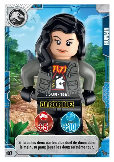 Carte à collectionner LEGO Jurassic World Série 2 #107 représentant la figurine Zia Rodriguez.