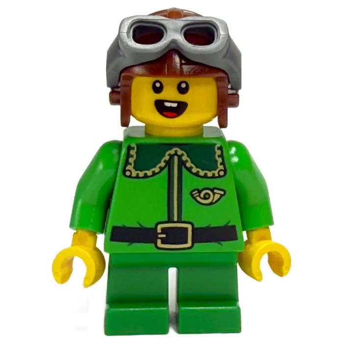 Minifigurine LEGO représentant un patrouilleur avec un casque gris, des lunettes et une tenue verte imprimée d'un uniforme de garde forestier souriant.