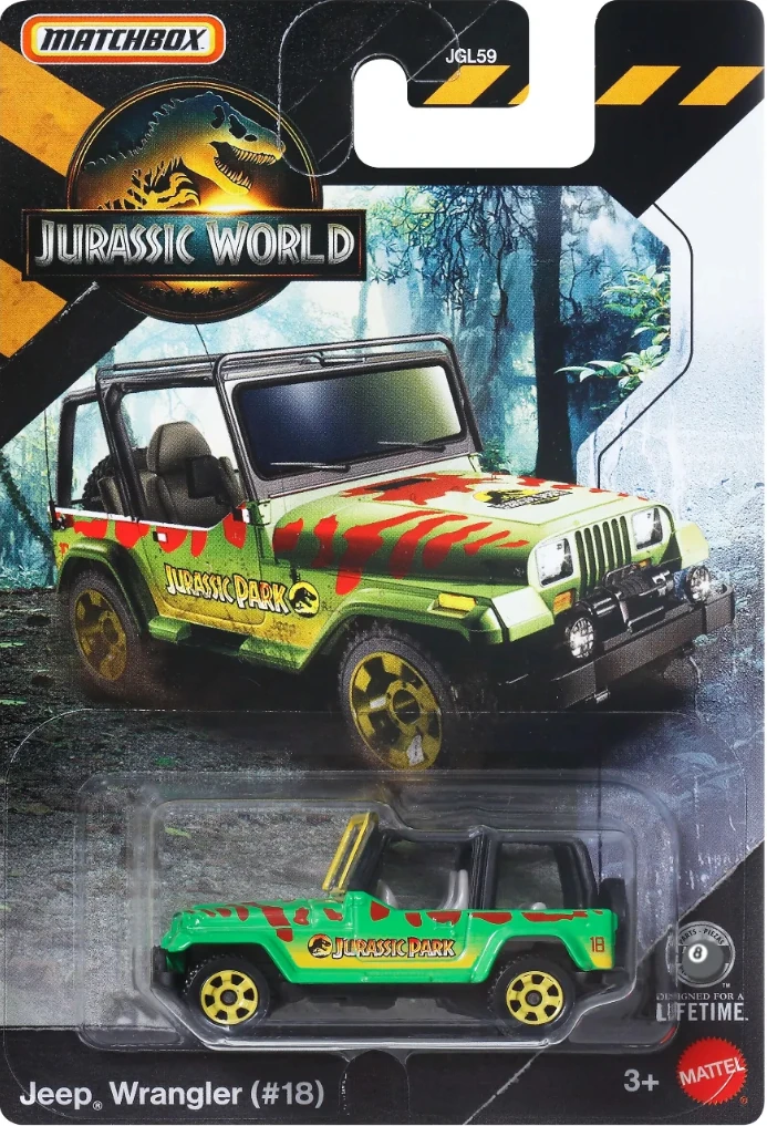 Un jouet Matchbox Jeep Wrangler vert à motifs rouges portant les inscriptions "Jurassic Park", emballé dans une boîte thématique Jurassic World avec un fond de jungle brumeuse et le logo du film en haut.