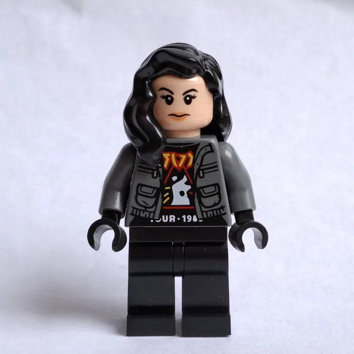 Minifigurine LEGO féminine aux longs cheveux noirs et sourcils froncés, vêtue d'une veste grise sur un t-shirt noir à motif coloré de la collection Jurassic World.