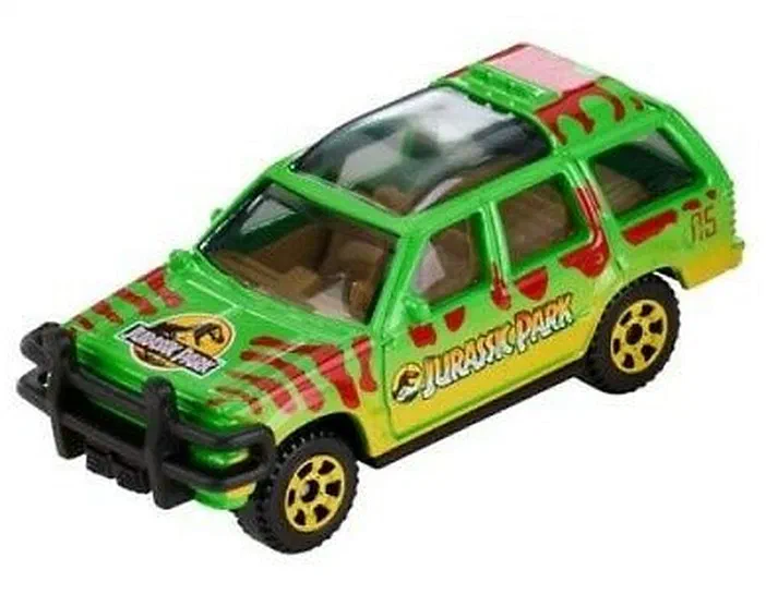 Voiture jouet Ford Explorer verte aux accents jaune et rouge affichant les logos Jurassic Park, munie d'une barre de protection noire à l'avant.