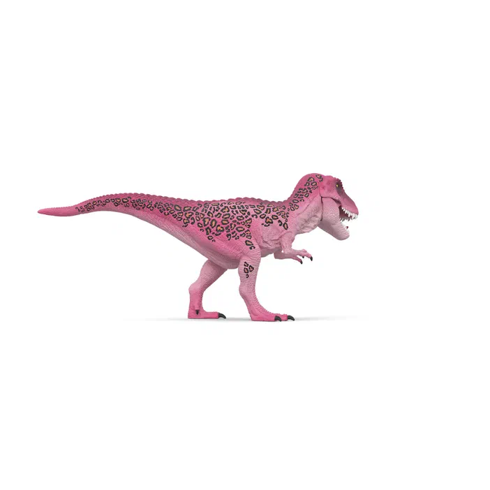 Figurine de dinosaure T-Rex en rose avec motifs léopard noir et jaune.