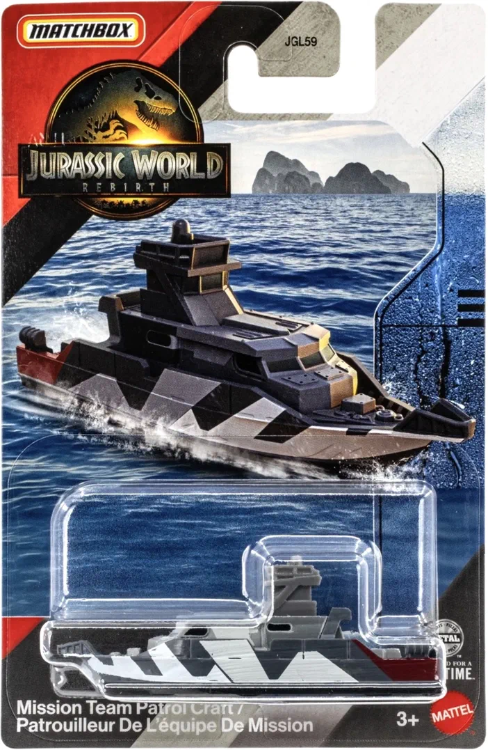Véhicule de patrouille noir avec motifs géométriques blancs dans son emballage Matchbox Jurassic World Rebirth.