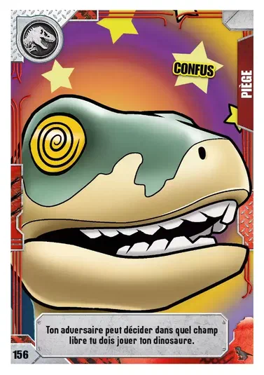 Carte de jeu LEGO Jurassic World intitulée « Confus » montrant un dinosaure T-Rex confus avec des étoiles et une spirale, accompagnée d'un texte explicatif.