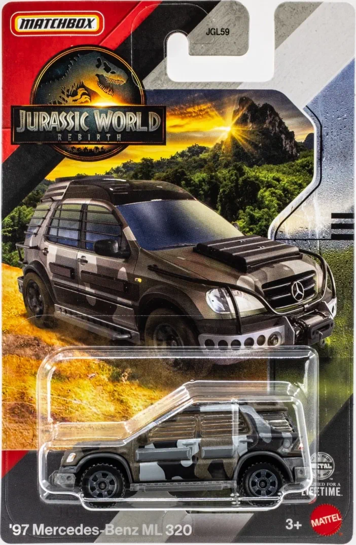 Packaging Matchbox de la voiture '97 Mercedes-Benz ML 320 du jeu Jurassic World Rebirth