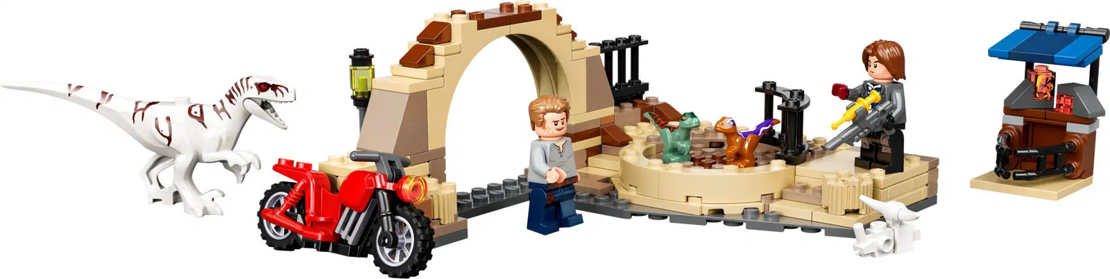 Ensemble de construction LEGO Jurassic World avec un dinosaure blanc, une moto rouge et des personnages.