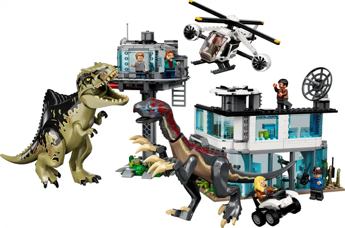 Ensemble de construction LEGO Jurassic World avec dinosaures, hélicoptère et personnages