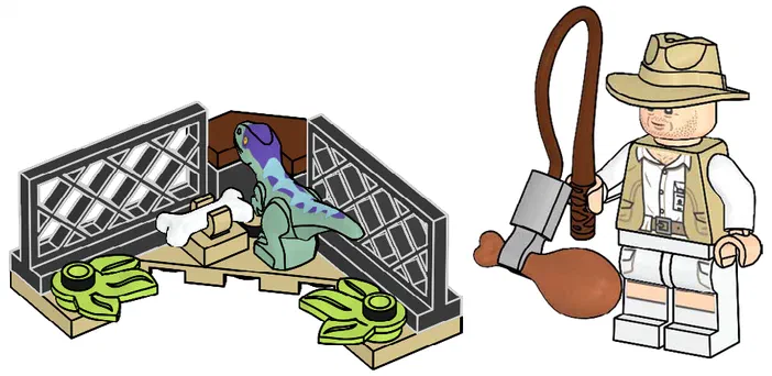 Ensemble de figurines LEGO incluant Robert Muldoon tenant une fronde et un petit dinosaure bleu dans une cage avec des os.