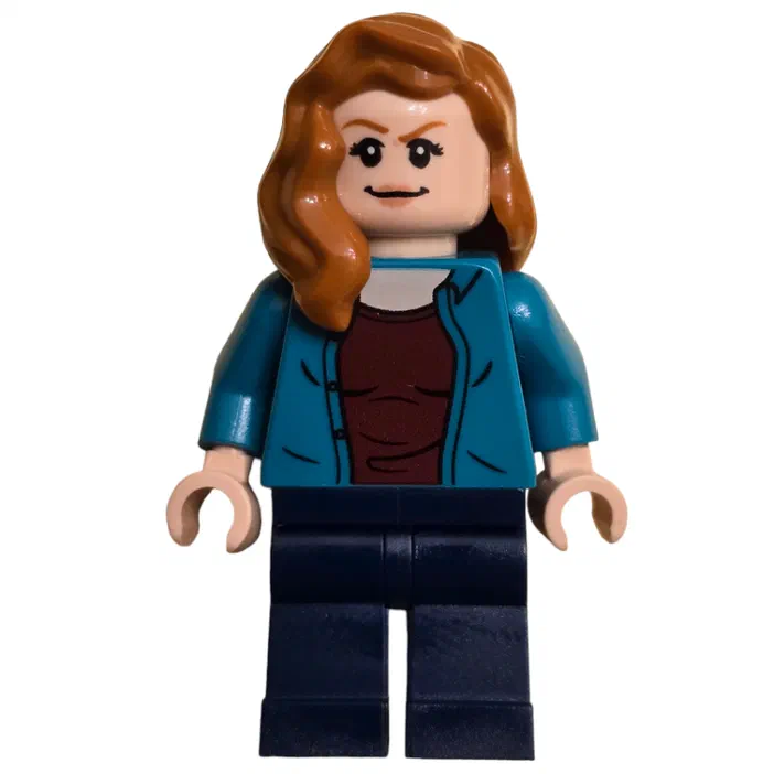 Minifigurine LEGO de la série Jurassic World, avec des cheveux bruns ondulés et un haut bleu.