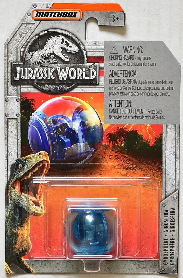 Packaging Matchbox du Gyrosphere de Jurassic World (2018), avec un dinosaure en bas à gauche et le logo officiel.