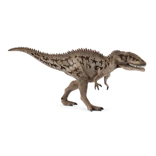 Figurine de dinosaure Carcharodontosaurus avec des motifs sombres sur un fond blanc.