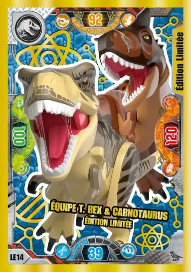 Carte de collection LEGO Jurassic World montrant une équipe T. rex et Carnotaurus édition limitée