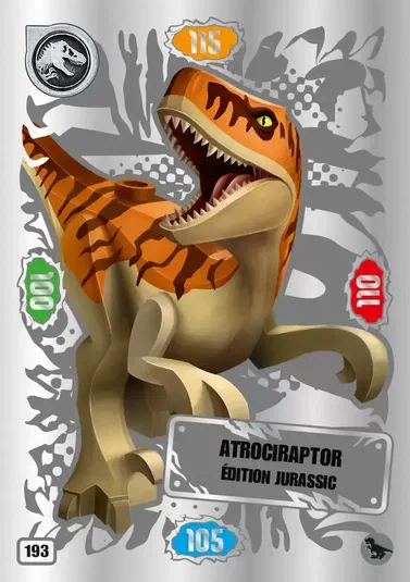 Carte de collection LEGO Jurassic World présentant un Atrociraptor en style briques.
