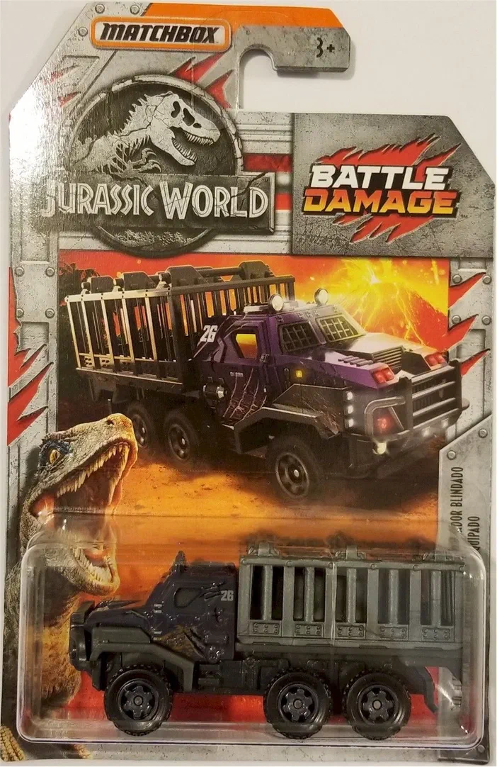 Packaging Matchbox Armored Action Transporter de la série Jurassic World Battle Damage